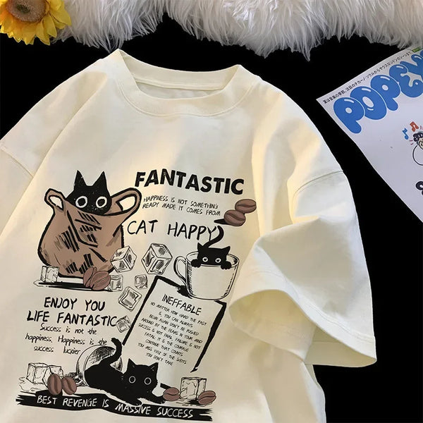 Soft Cozy Cat Print Oversized Tee
